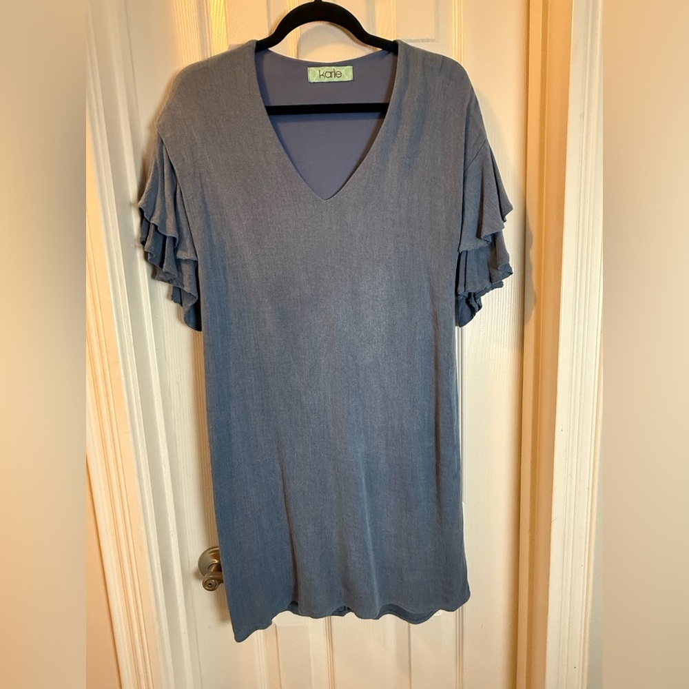 Minimalist KARLIE Slate Blue Ruffle Sleeve Mini Dress USADress Vintage Sheath